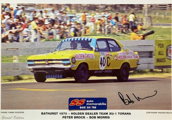 Image of Bathurst 1970 Hardie Ferodo 500. HDT Torana XU-1 of Peter Brock/Bob Morris signed by Bob Morris