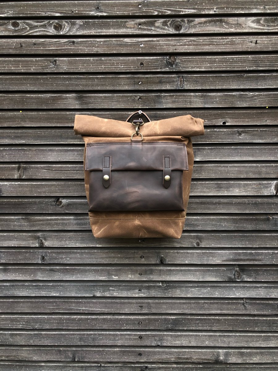 Image of Motorcycle bag Bicycle bag in waxed canvas with exterior leather pocket Bike accessories Waxed canva