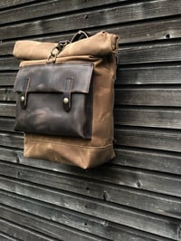 Image 2 of Motorcycle bag Bicycle bag in waxed canvas with exterior leather pocket Bike accessories Waxed canva