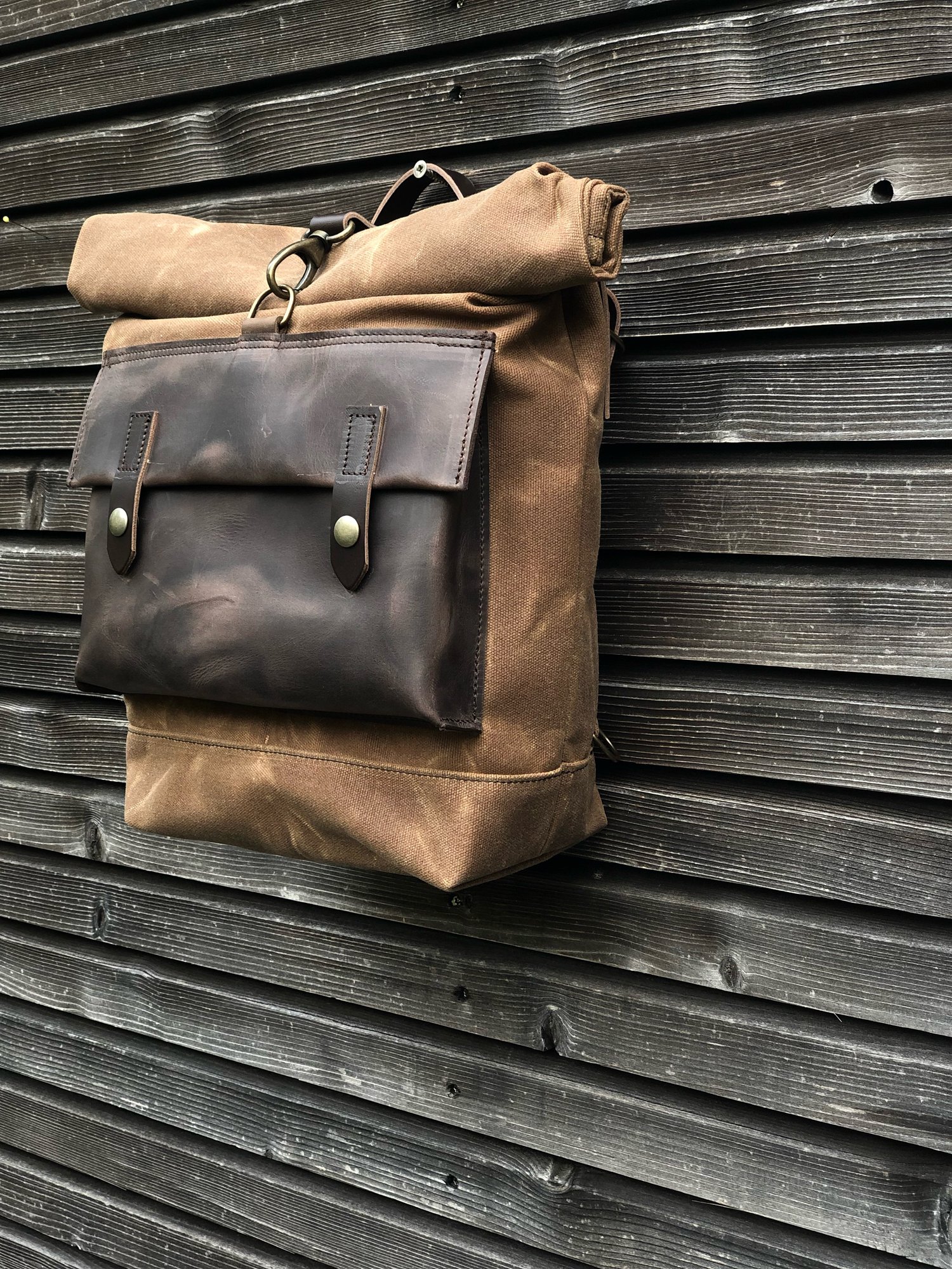 Image of Motorcycle bag Bicycle bag in waxed canvas with exterior leather pocket Bike accessories Waxed canva