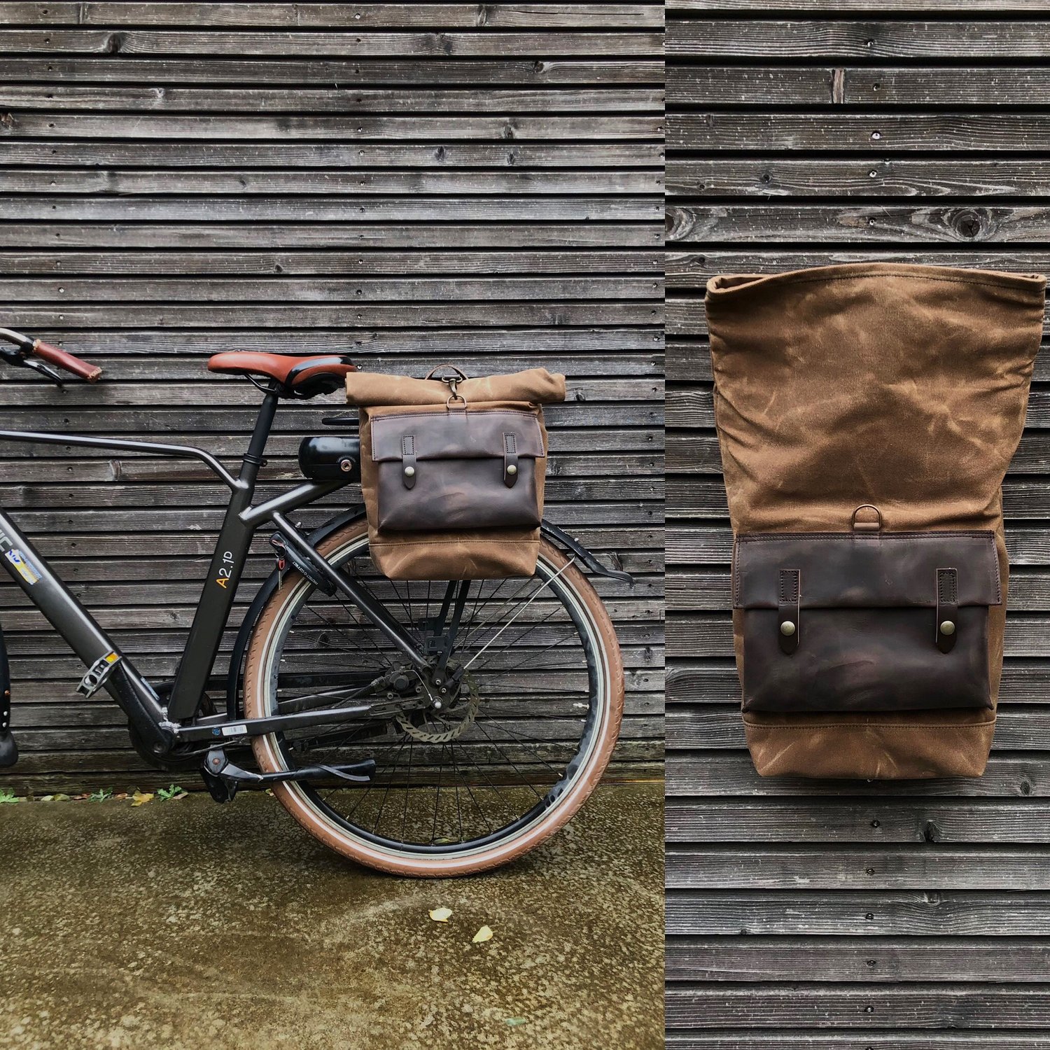 Image of Motorcycle bag Bicycle bag in waxed canvas with exterior leather pocket Bike accessories Waxed canva