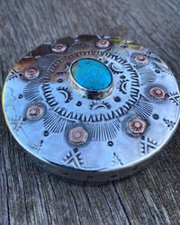 Image 3 of WL&A Old School Sterling Silver w/ Copper accents Turquoise Sunrise Chopper Gas Cap 