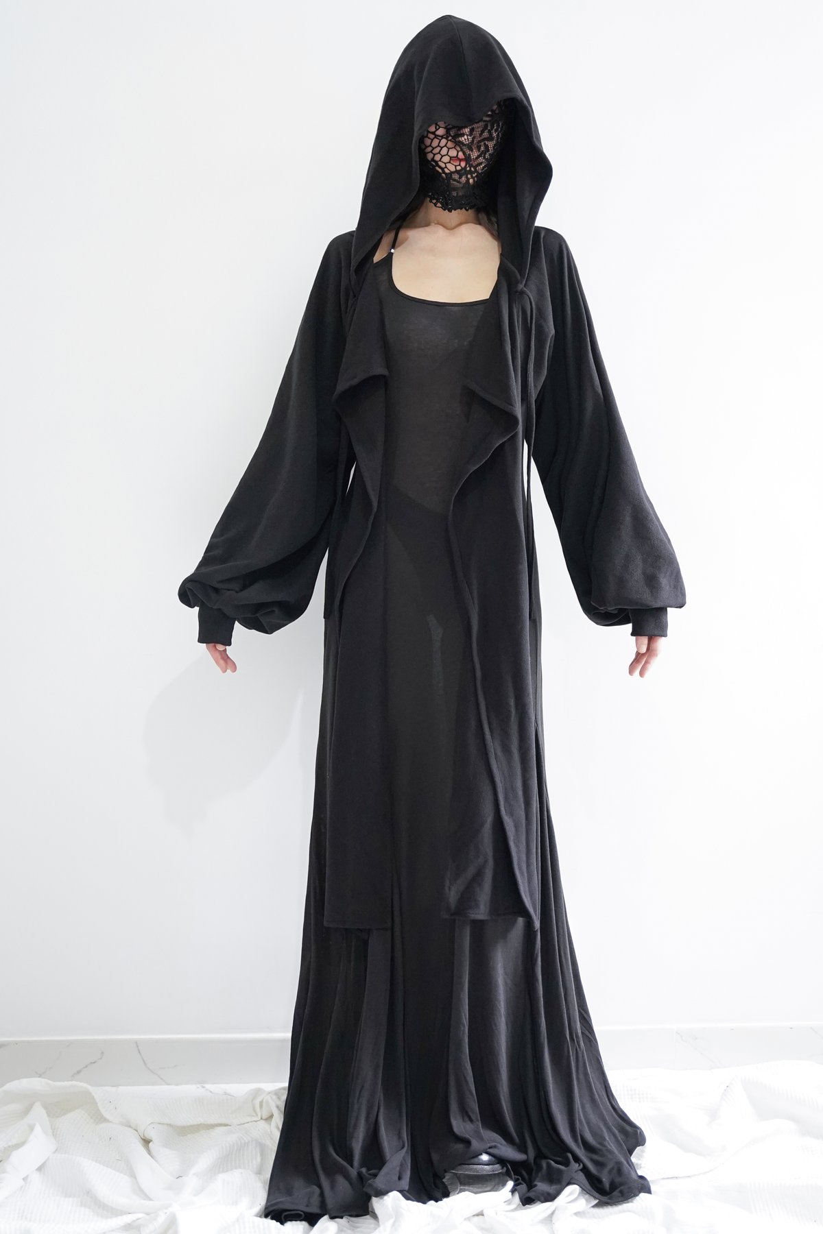 Image of Hooded Wrap Shrug With Balloon Sleeve In Black