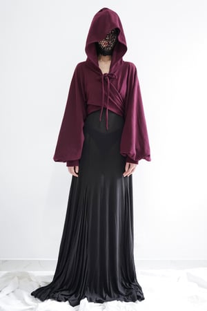 Image of Hooded Wrap Shrug With Balloon Sleeve In Red Plum 