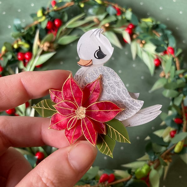 Image of Second Day of Christmas Brooch {Silver/Red}