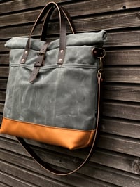Image 3 of Waxed canvas roll top tote bag with luggage handle attachment leather handles and shoul