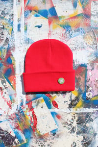 Image of box logo beanie in red 