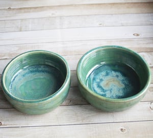 Image of Reserved for Suzie, Two Handcrafted Ceramic Pet Bowls in Shimmering Green Glaze, Made in USA