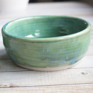 Image of Reserved for Suzie, Two Handcrafted Ceramic Pet Bowls in Shimmering Green Glaze, Made in USA