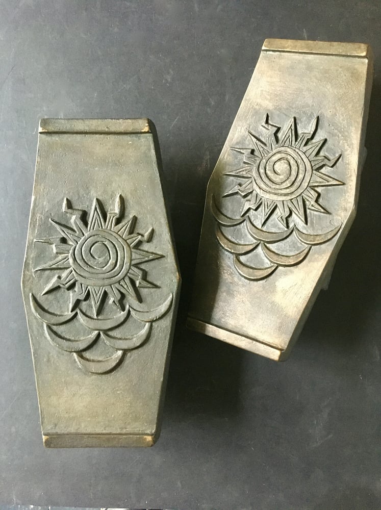 Image of Pair of Large Bronze Door Handles with Sun and Waves Design