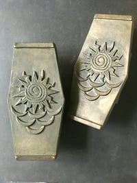 Image 2 of Pair of Large Bronze Door Handles with Sun and Waves Design