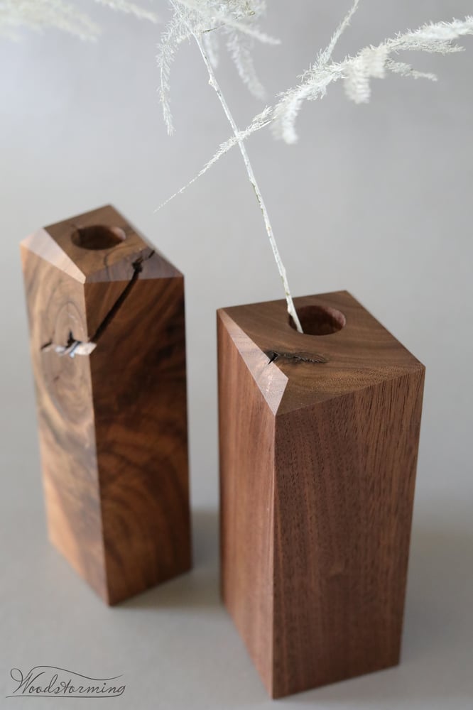 Image of Wabi-sabi wooden vases with natural cracks - set of 2