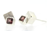 Image 2 of Square Rhodolite garnet set in  sterling silver cube studs