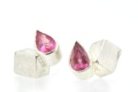 Image 2 of Pear shape pink tourmaline set in  sterling silver cube studs
