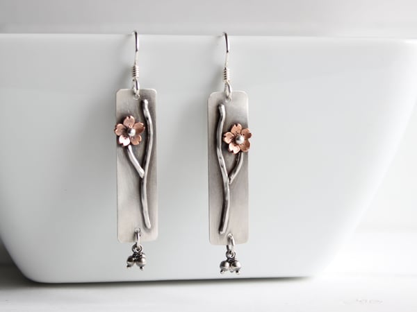 Image of Rustic Rectangle Cherry Blossom Branch Earrings