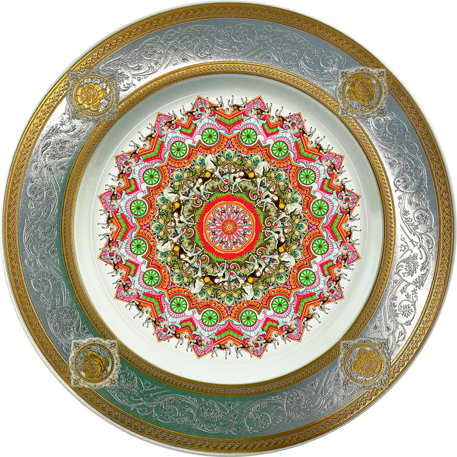 Image of kaleidoscope green eyes and white horses - Fine China Plate - #0790