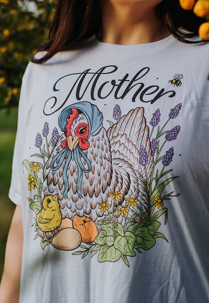 Image of Mother Hen Organic T-Shirt ~ White, Full Colour