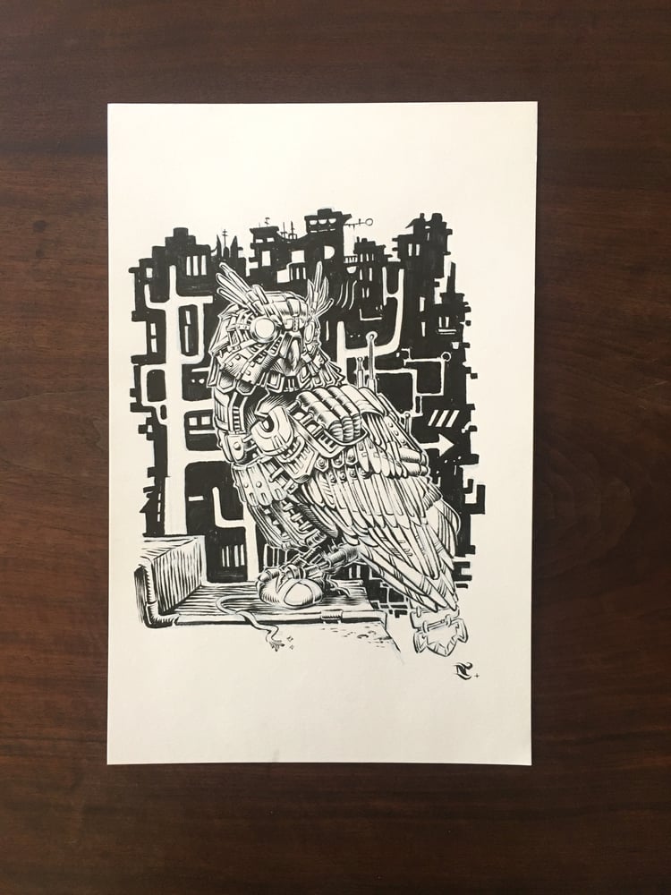 Image of Cyber-Owl ink drawing
