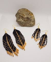 Image 2 of Small black/gold feather seed bead frimge