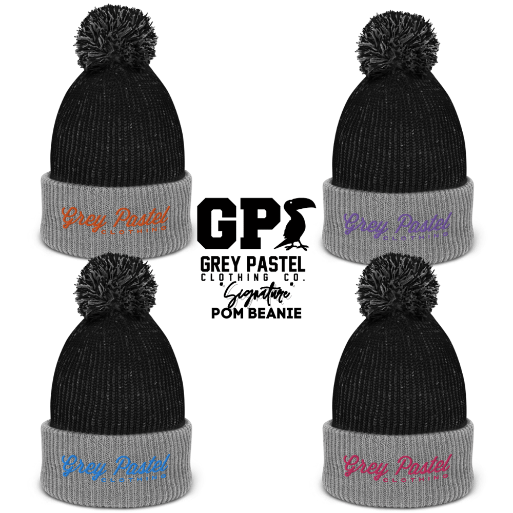 Grey Pastel "Signature" Embroidered Pom Beanie