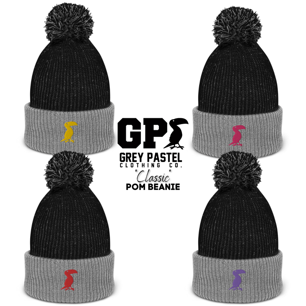 Grey Pastel "Classic" Embroidered Pom Beanie