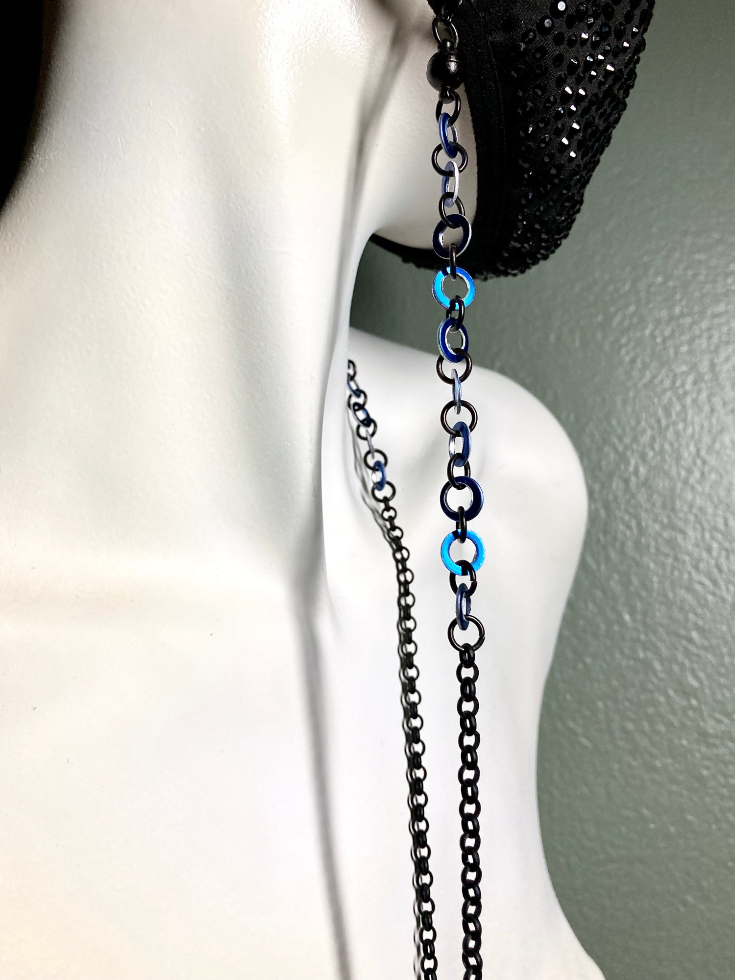 Image of 22" Matte Black & Blue Convertible Necklace/Eyeglass Chain with Matte Black Ball Magnet Clasp