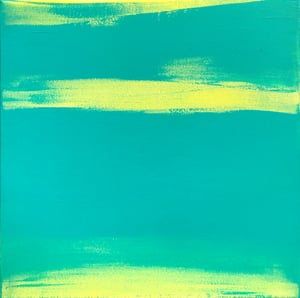 Duochrome Misty Landscape - turquoise green and yellow - 50x50cm, acrylic on canvas