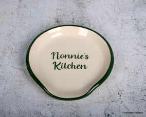 Image of Personalized Spoon Rest. Handmade Stoneware Pottery. Buff or White with Colored Monogram. Kitchen Di