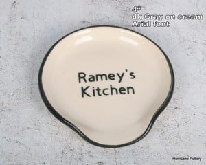 Image of Personalized Spoon Rest. Handmade Stoneware Pottery. Buff or White with Colored Monogram. Kitchen Di