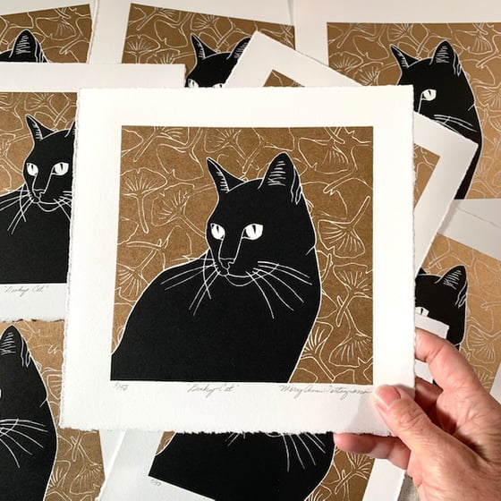 Cat with Stripes and Circles, Linocut Fine Art Print