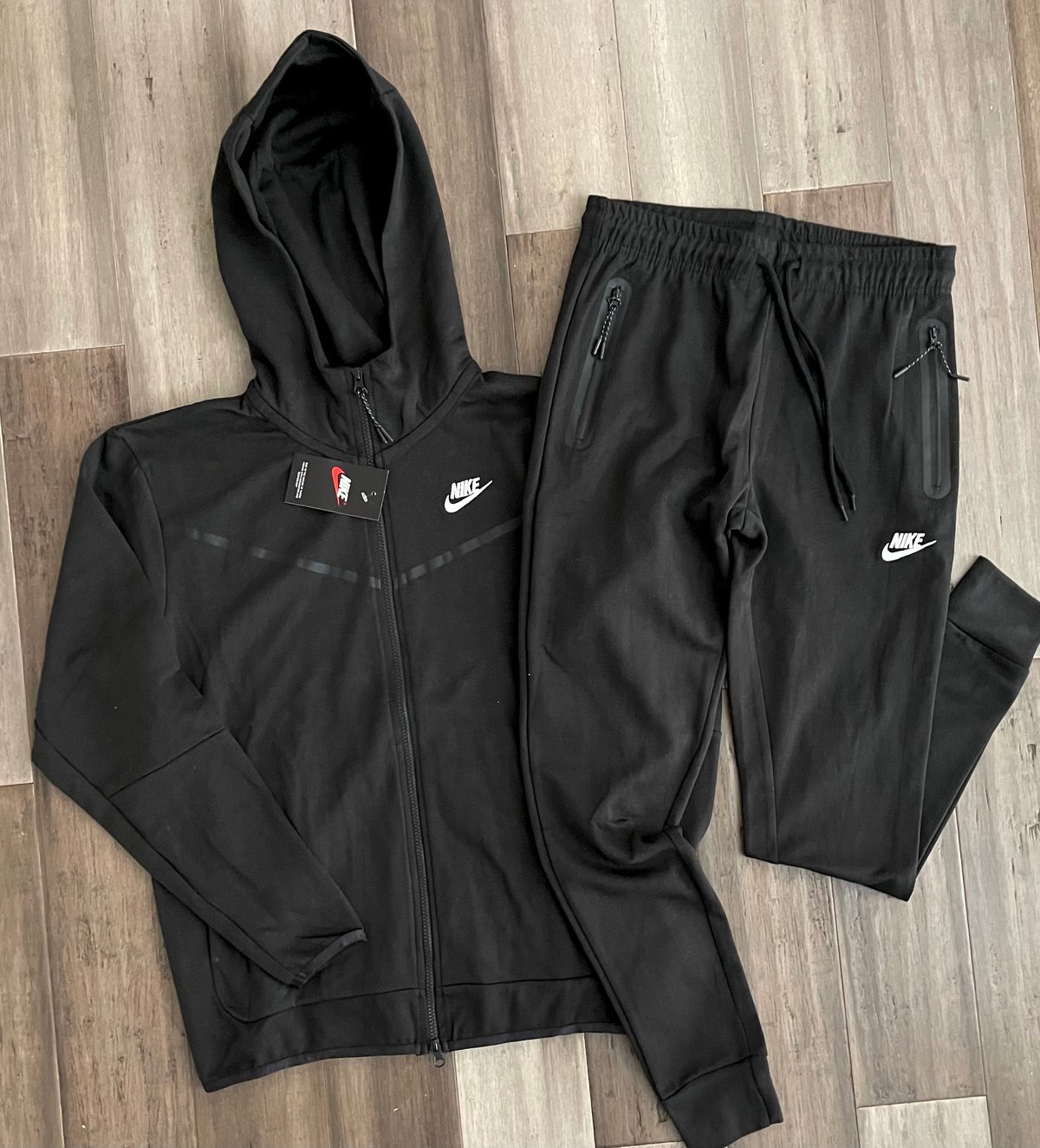 Men’s Black Slim Fit Tech Zip Up Hoodie Sweatpants Set