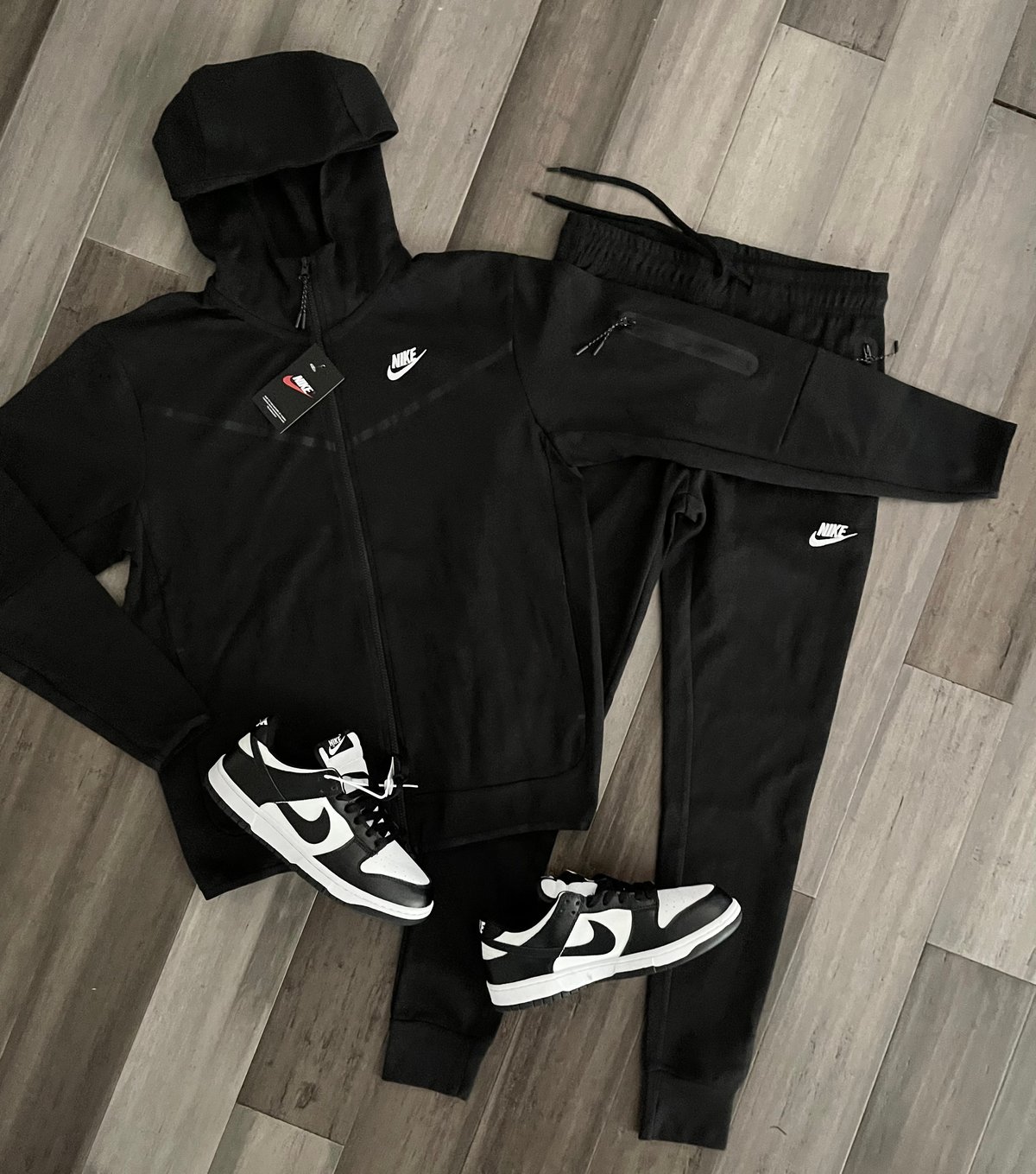 Men’s Black Slim Fit Tech Zip Up Hoodie Sweatpants Set