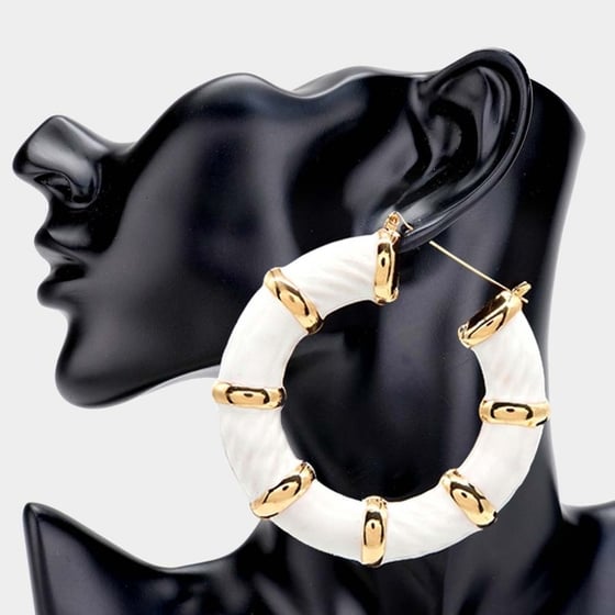 Image of White and Gold Bamboo Door Knocker Earrings Trendy Big Hoop Jewelry Accessory