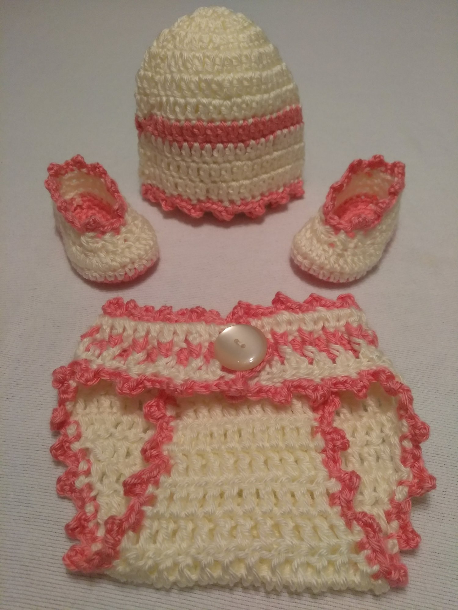 Image of Pink and Cream Booties, Diaper Cover and Hat