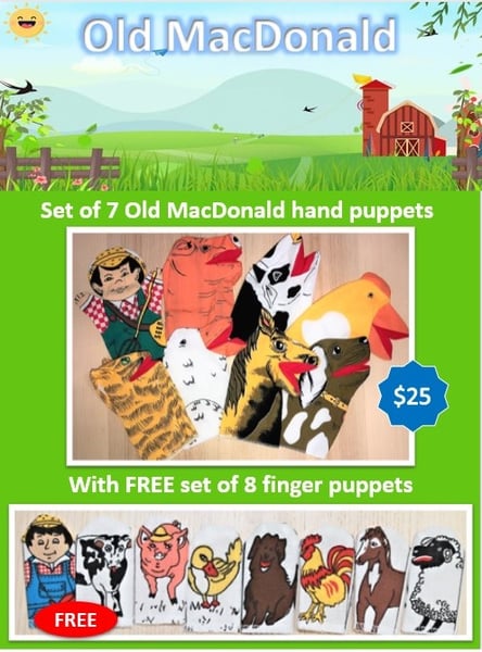 Image of Special set of 7 Old MacDonald hand puppets with a FREE set of 8 finger puppets