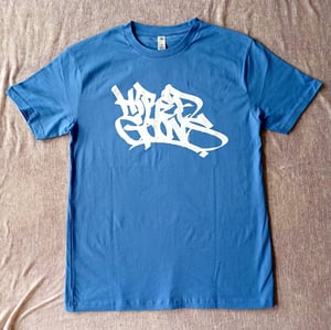 Image of "Hired Goons" O.G. tag shirt.  White on Carolina Blue