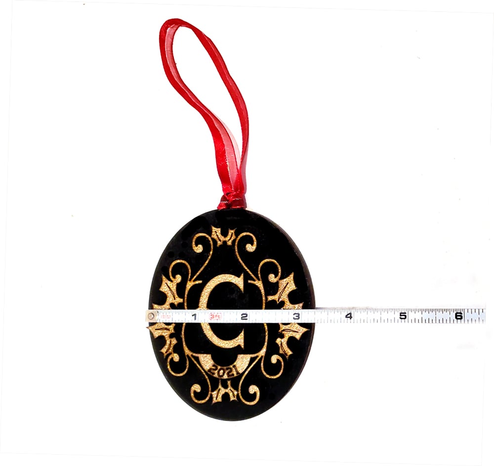 Image of Personalized Ornate Black Gold Wood Ornaments Stocking Gift Tags