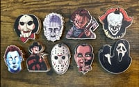 Image 1 of MERRY CREEPMAS HORROR ICONS CHRISTMAS ORNAMENTS 9 PIECE SET WOODEN