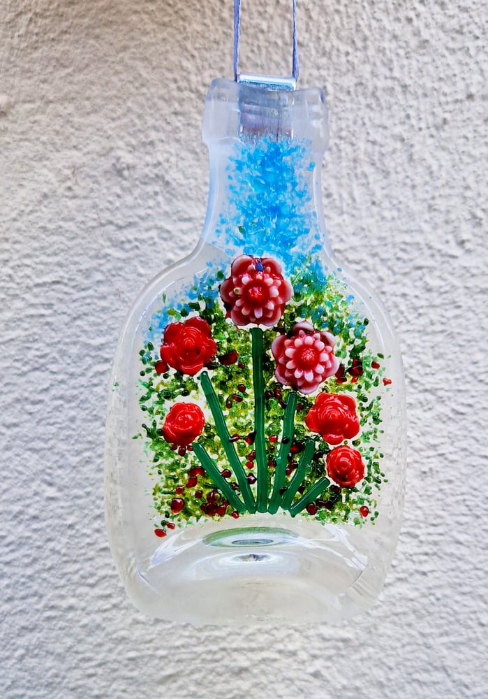 Image of Recycled Fused Small Bottle with Rose Details 