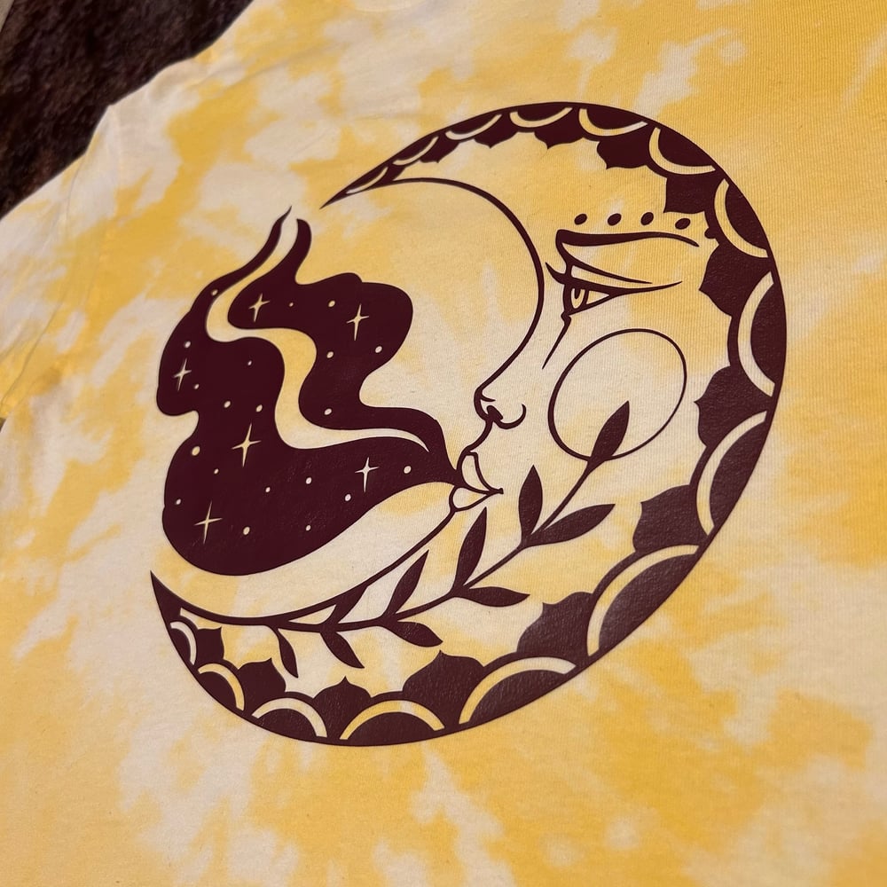 Image of yellow bleach dye tshirt with moon design 