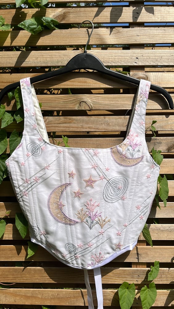 Moons, Stars and planet embroidered tulle Velvet handmade White corset
