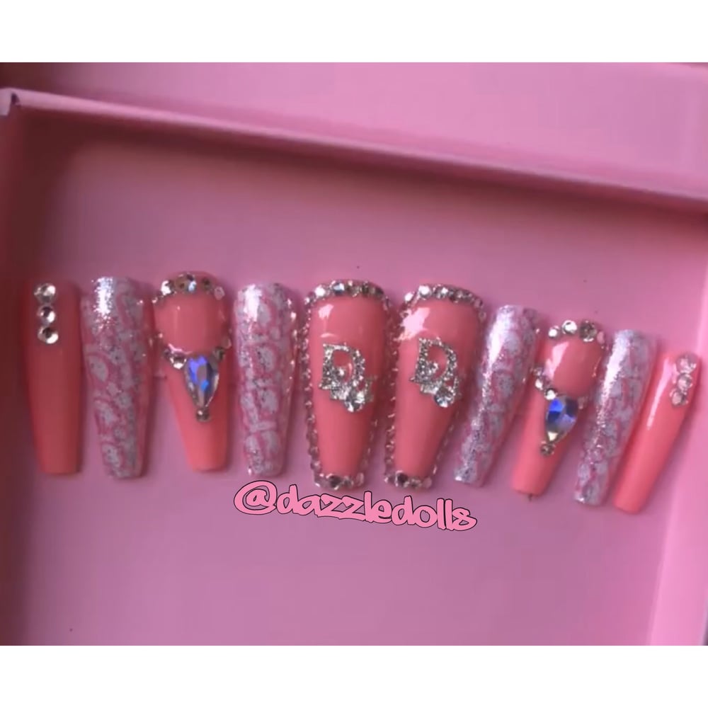 Image of pink diamond dior inspired coffin shape set