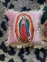 Image 4 of Pink Velvet Cushion with Virgin of Guadalupe appliqué patch