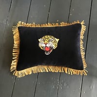 Image 2 of Black velvet cushion  with leopard embroidery patch and gold fringing