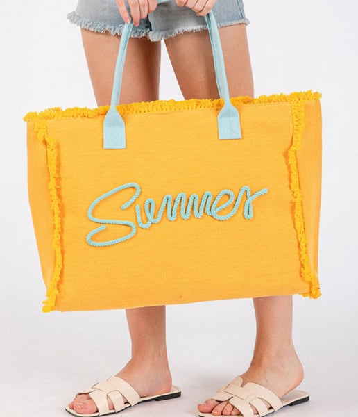 Image of SUMMER Message Embroidered Fringe Canvas Tote Beach Bag
