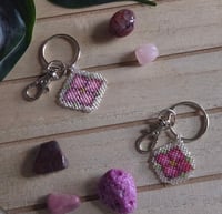 Image 2 of Silver and Dark Pink Floral Keychain with Leaf Details