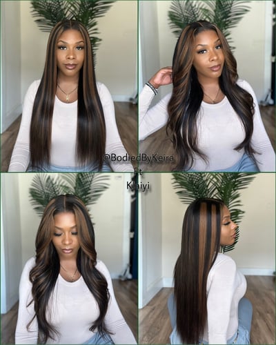 Image of Klaiyi 7x5 No Slip Glueless Lace Wig W/ Highlights Yaki Stright Hair Draw String Wig 24 inches