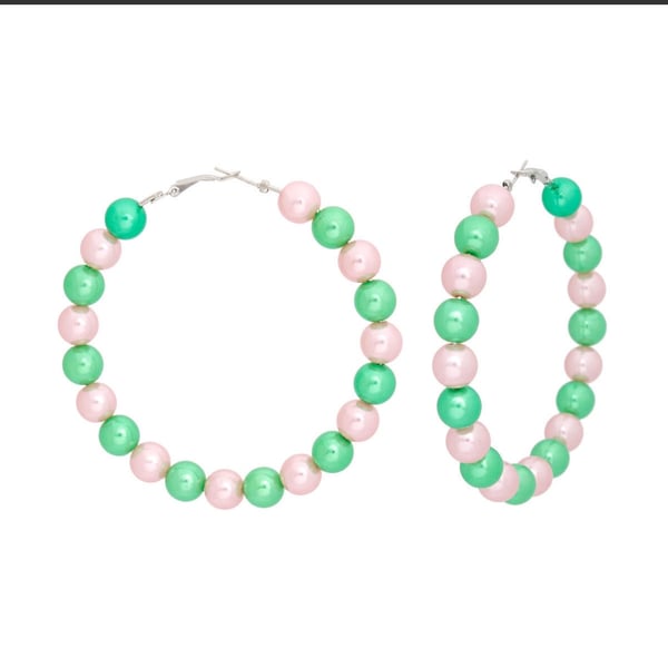 Image of  Pink Green Pearl Hoops For Women