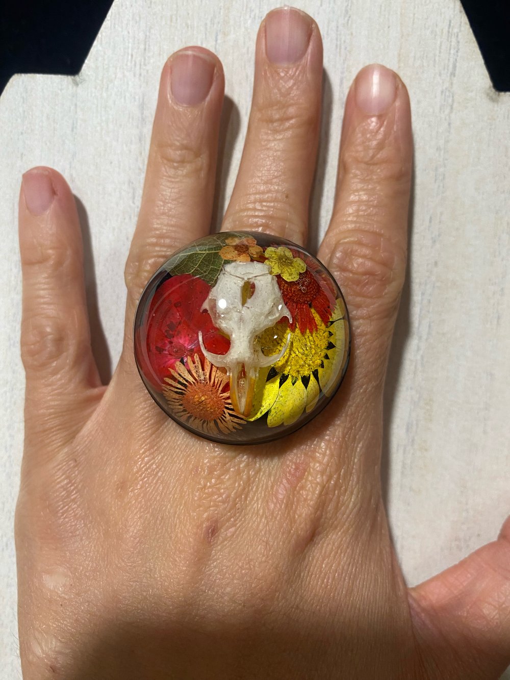 Red Floral Skull Ring 