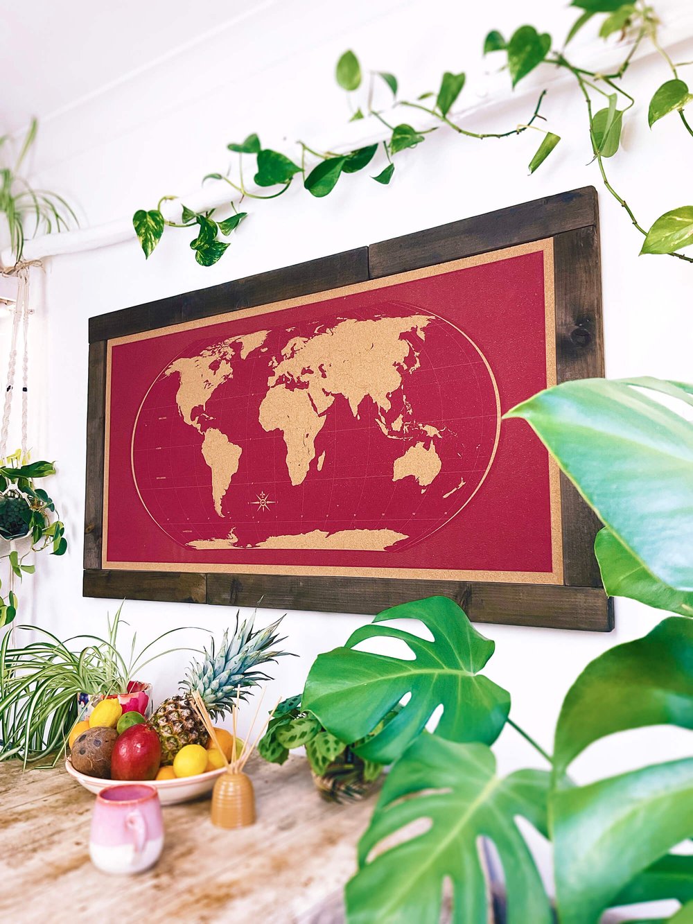 Image of Red World Map – Dark Stained Shipwrecked Rustic Frame